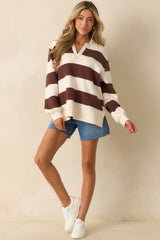 Z Supply Brown Stripe Cotton Rugby Brushed Fleece Henley