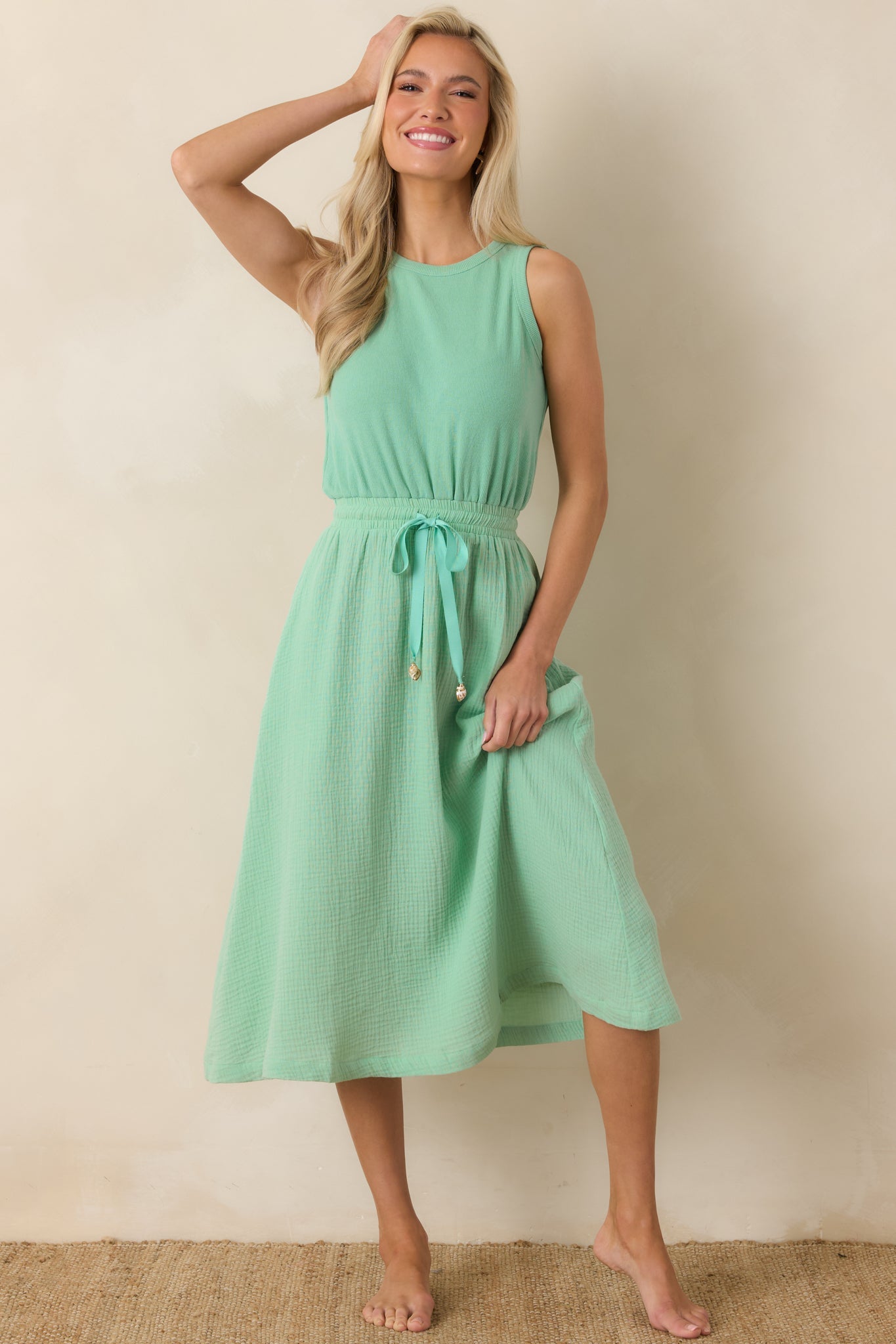 Paradisa Bonita Seaglass Green Cotton Sleeveless Midi Dress