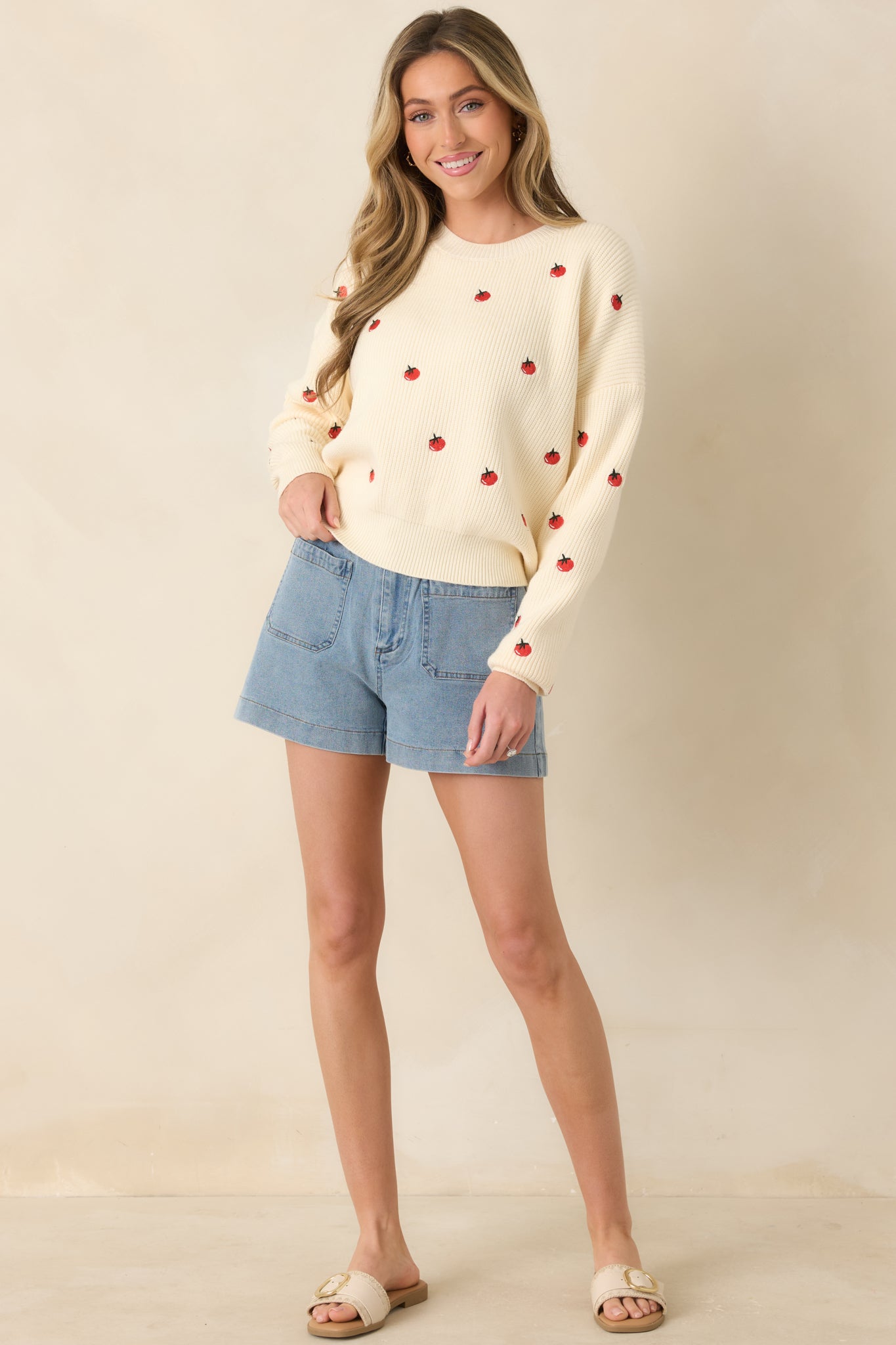 Fresh From the Vine Ivory Multi Ribbed Knit Tomato Sweater