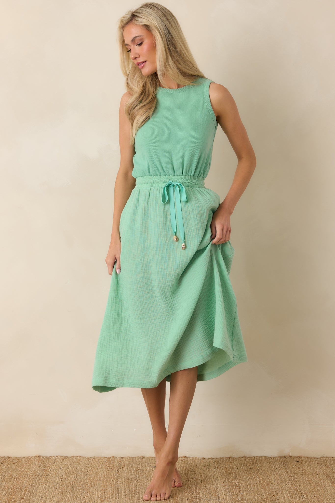 Paradisa Bonita Seaglass Green Cotton Sleeveless Midi Dress