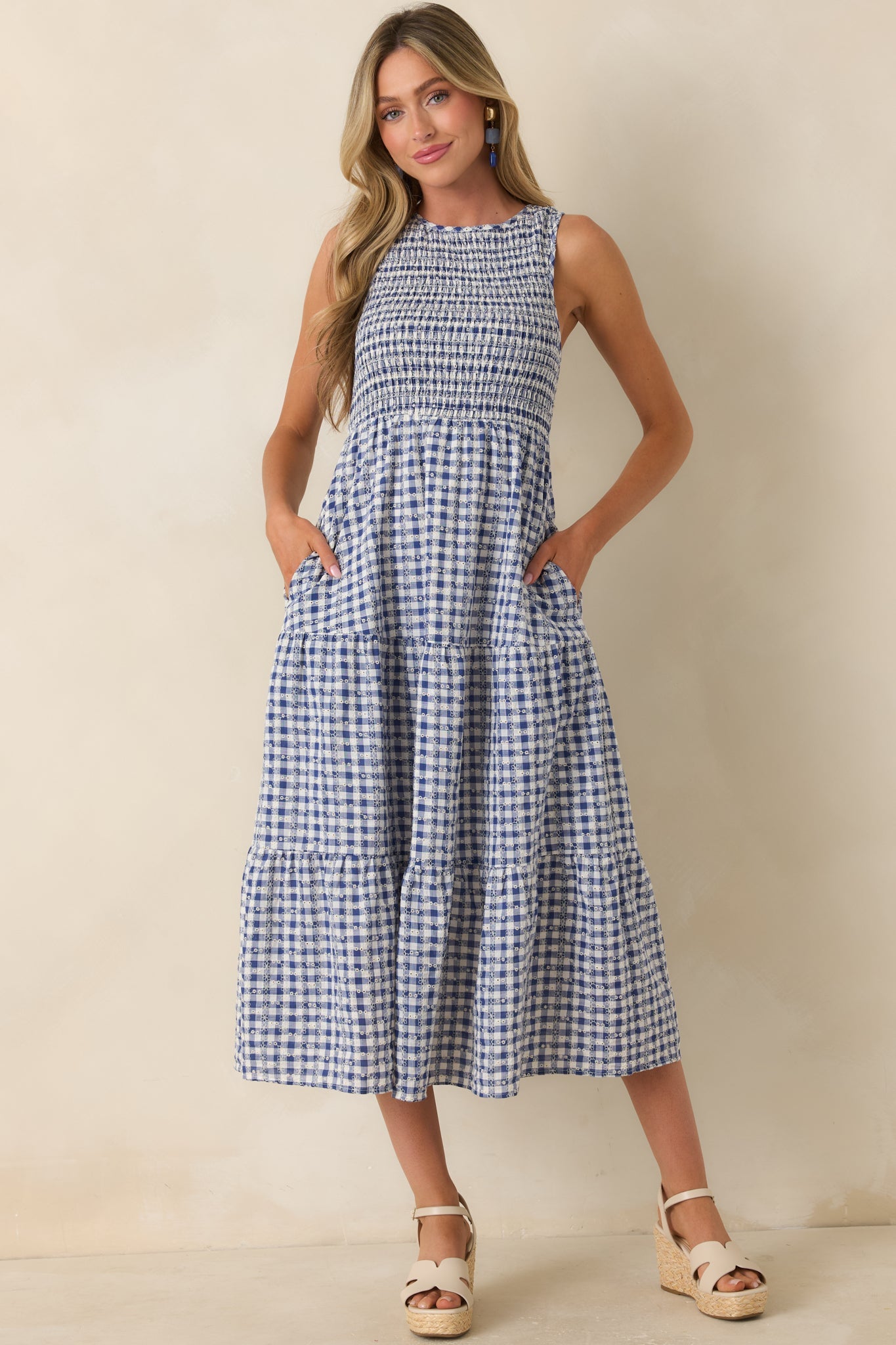 Picnic Promises Blue Gingham Eyelet Cotton Midi Dress