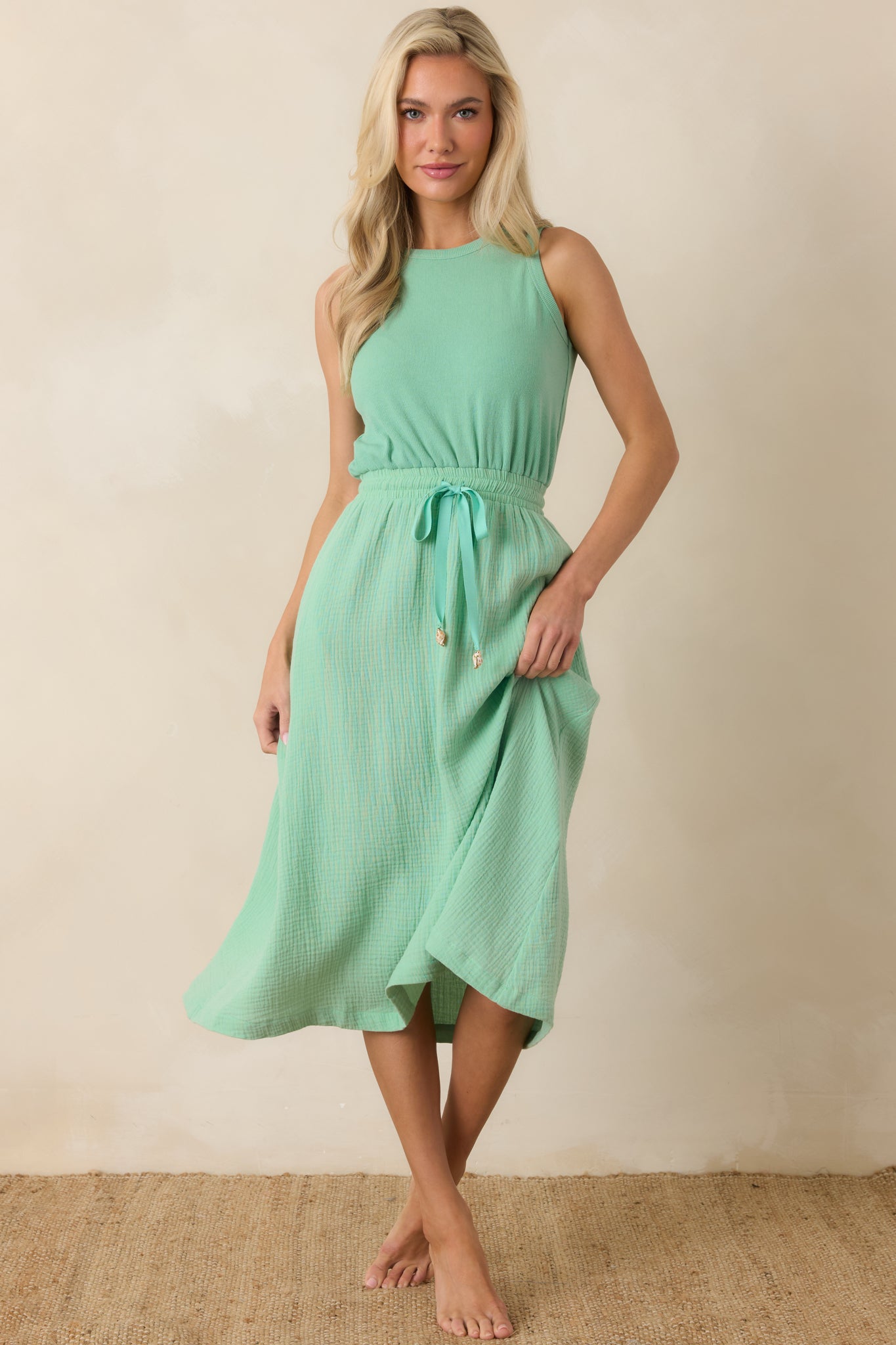 Paradisa Bonita Seaglass Green Cotton Sleeveless Midi Dress