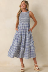 Picnic Promises Blue Gingham Eyelet Cotton Midi Dress