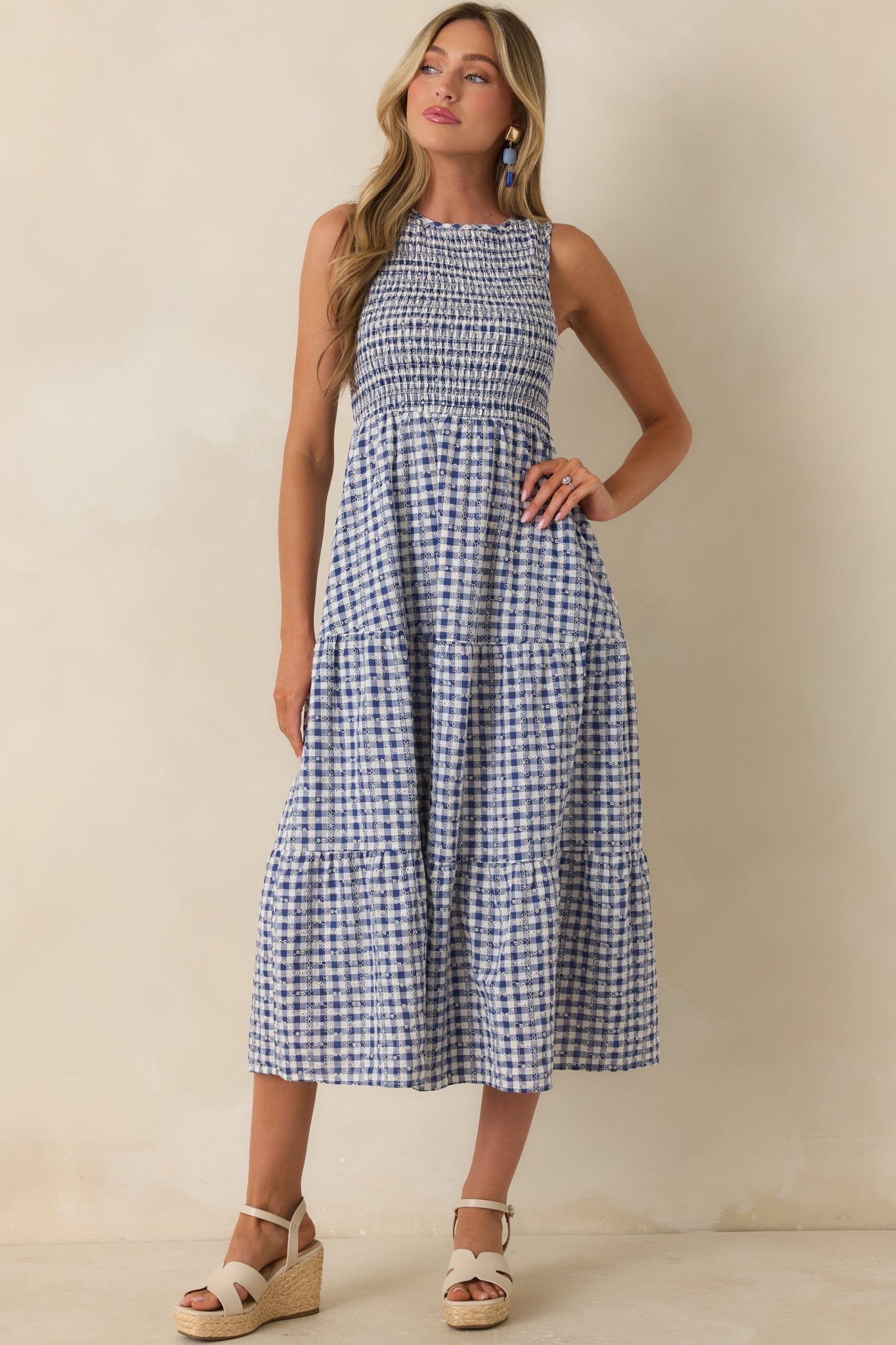 Picnic Promises Blue Gingham Eyelet Cotton Midi Dress