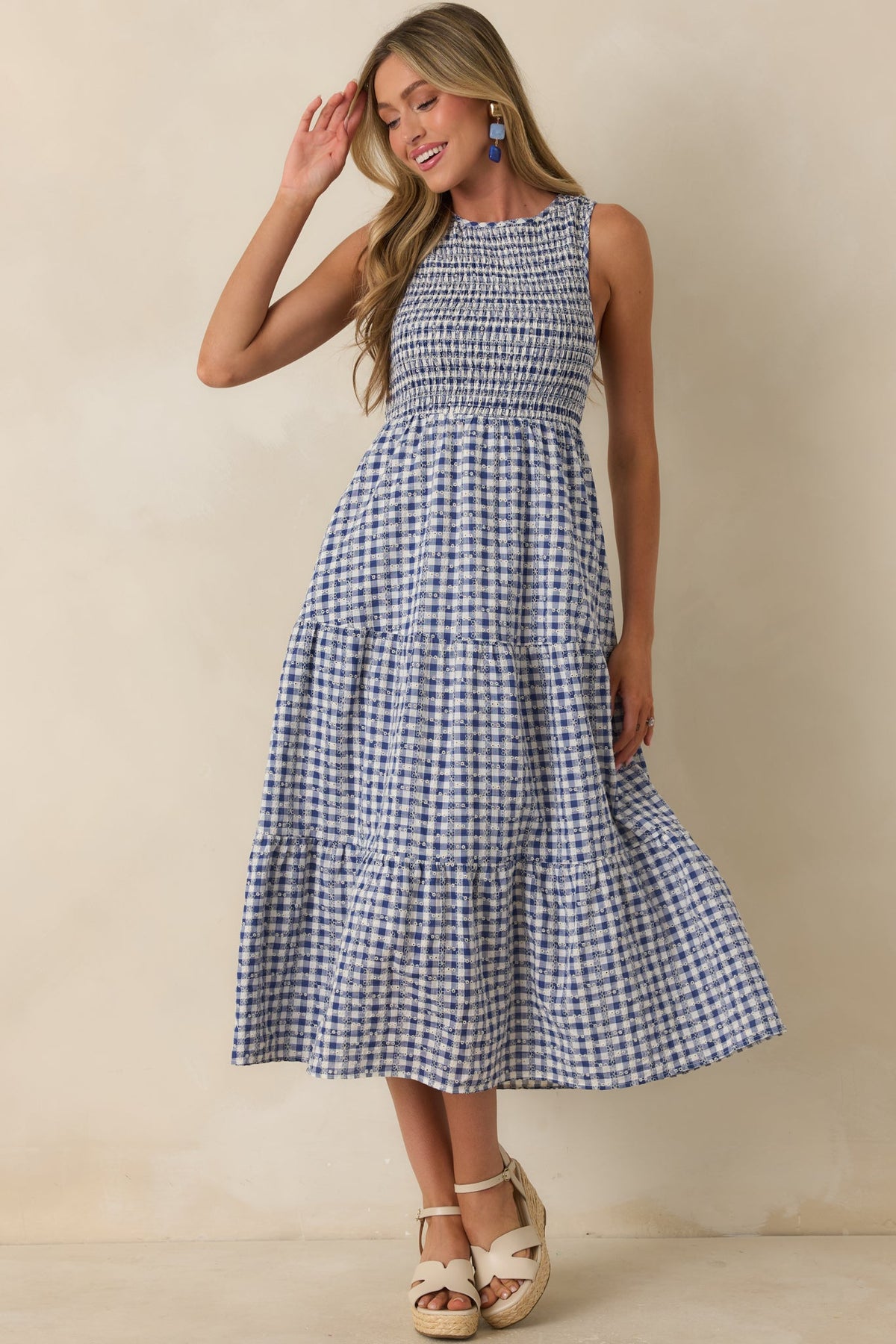 Picnic Promises Blue Gingham Eyelet Cotton Midi Dress
