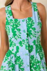 Here She Comes Light Blue & Green Cotton Floral Eyelet Mini Dress