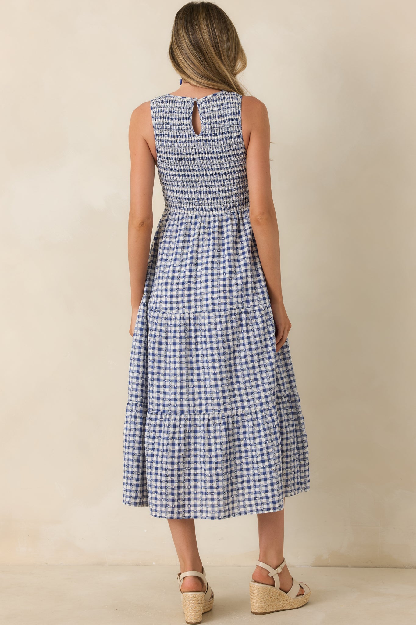 Picnic Promises Blue Gingham Eyelet Cotton Midi Dress