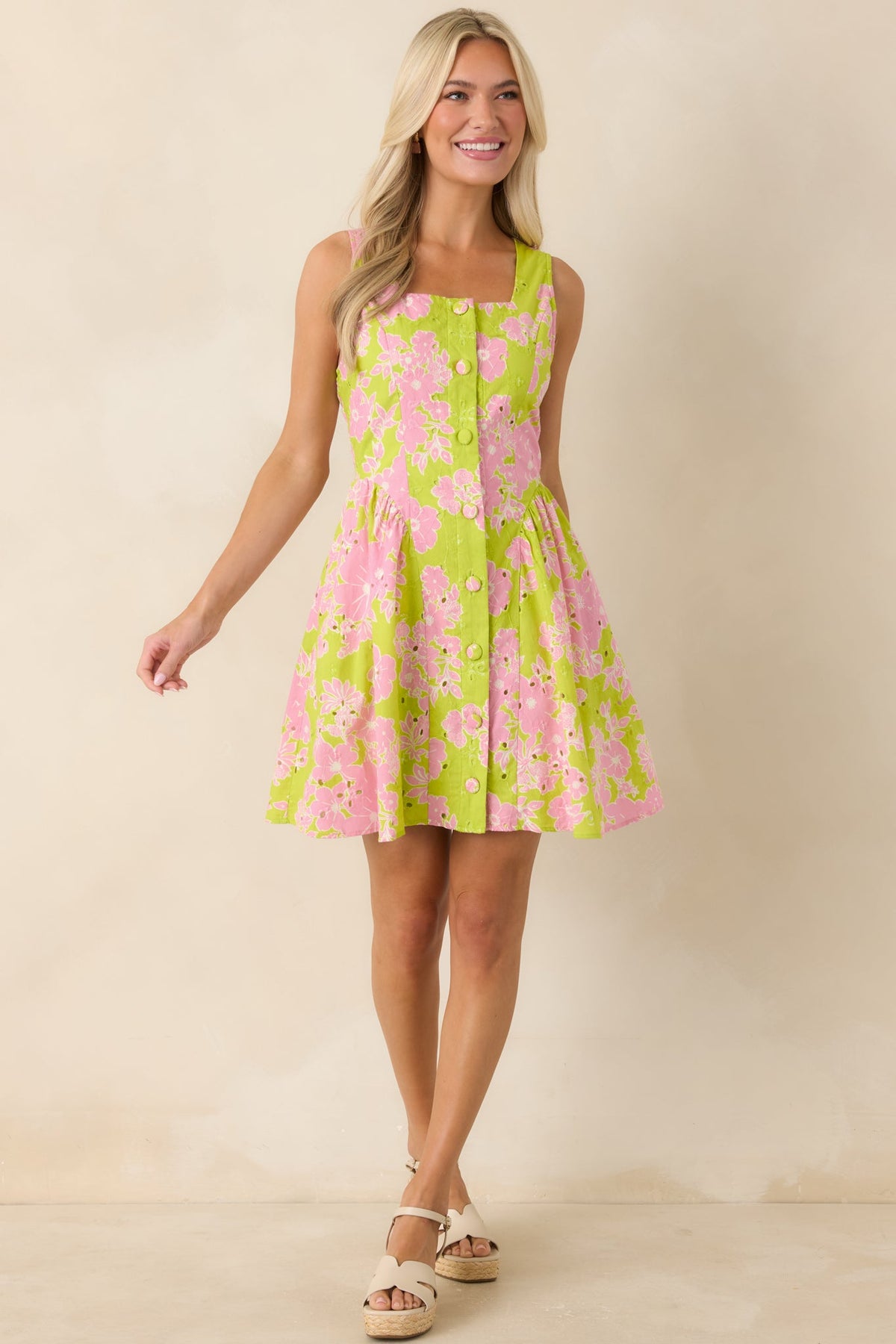 Here She Comes Chartreuse & Pink Cotton Floral Eyelet Mini Dress