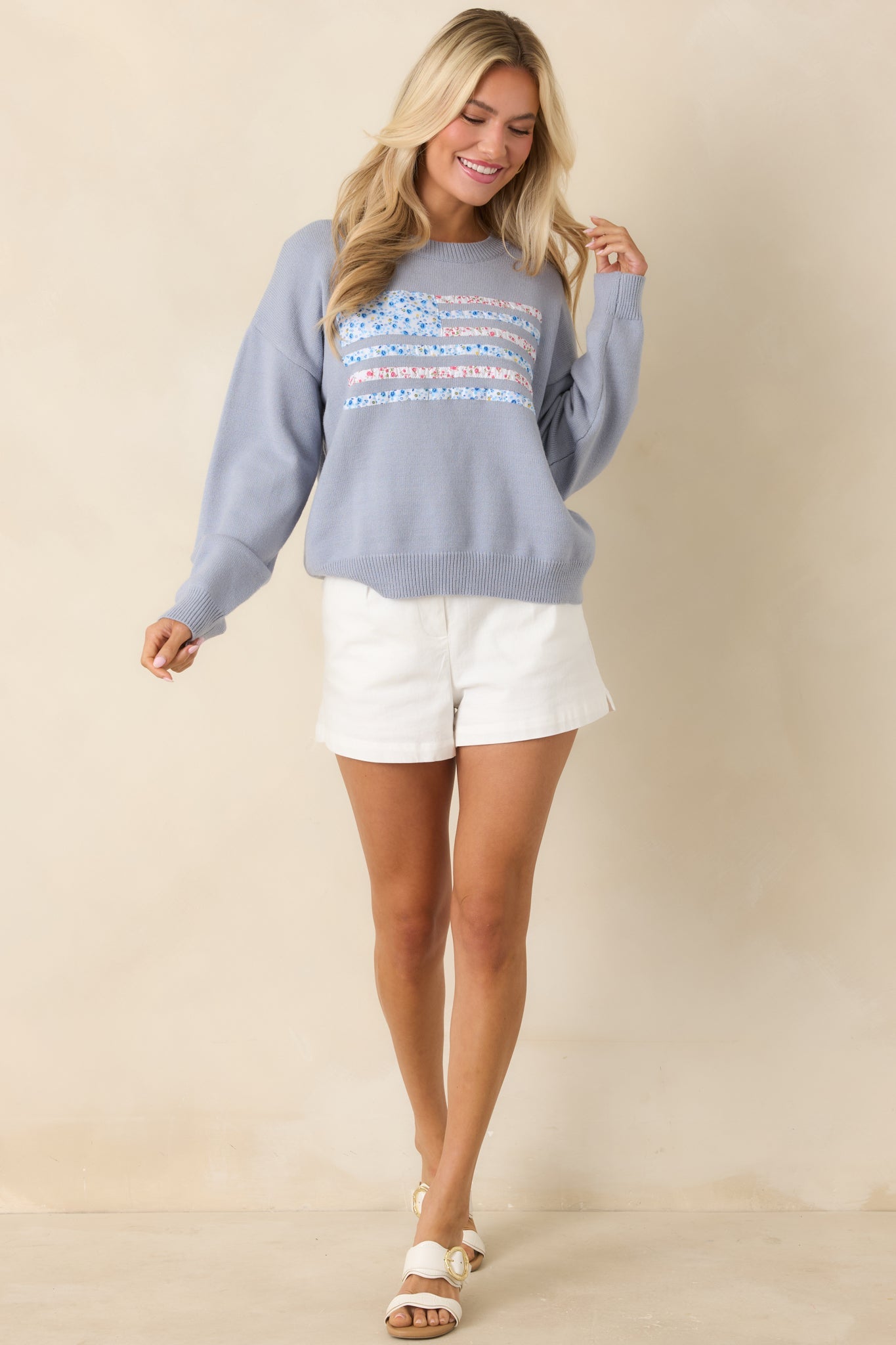 Stitched in Freedom Dusty Blue Floral Patchwork Flag Knit Sweater
