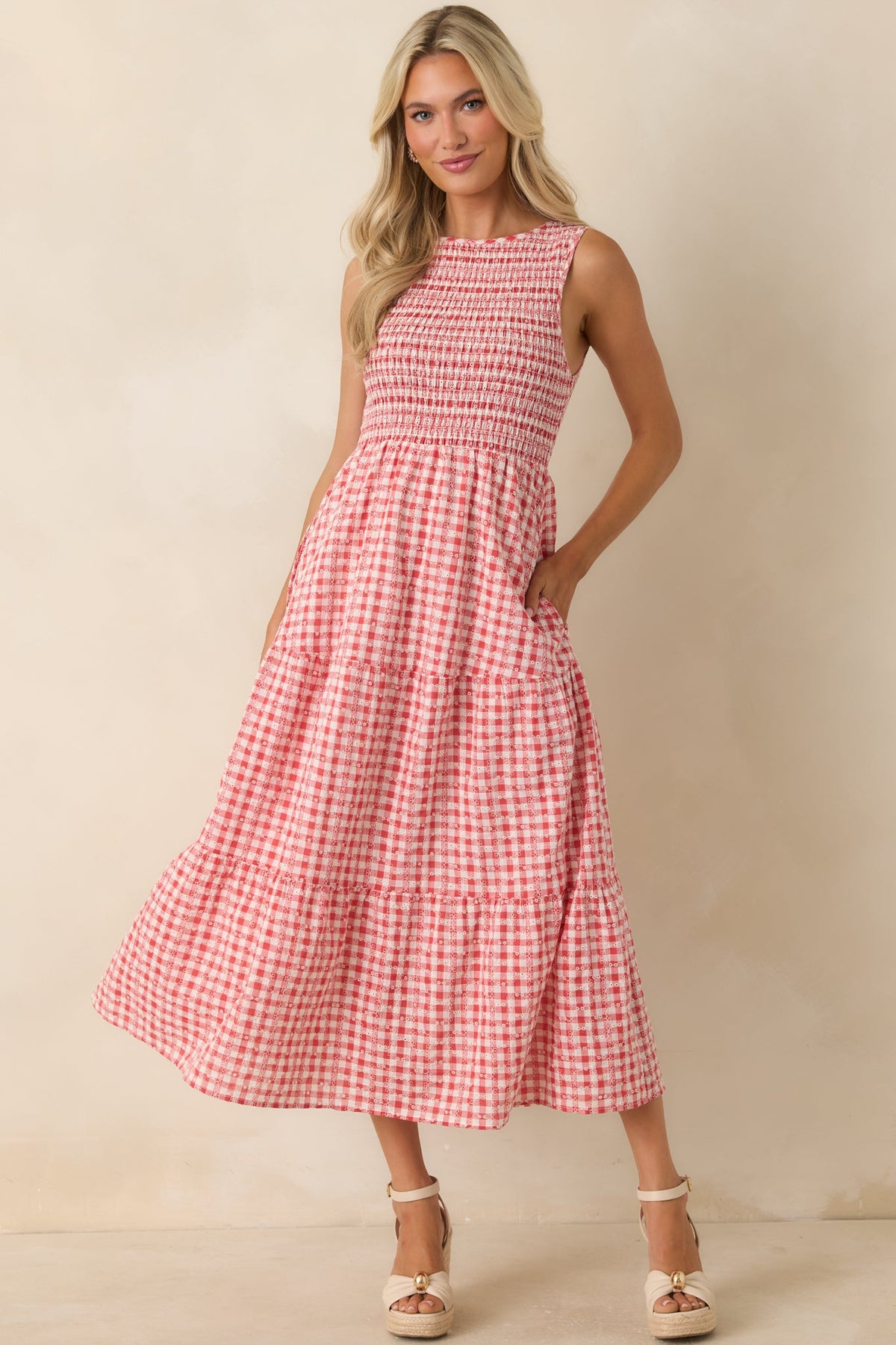 Picnic Promises Red Gingham Eyelet Cotton Midi Dress