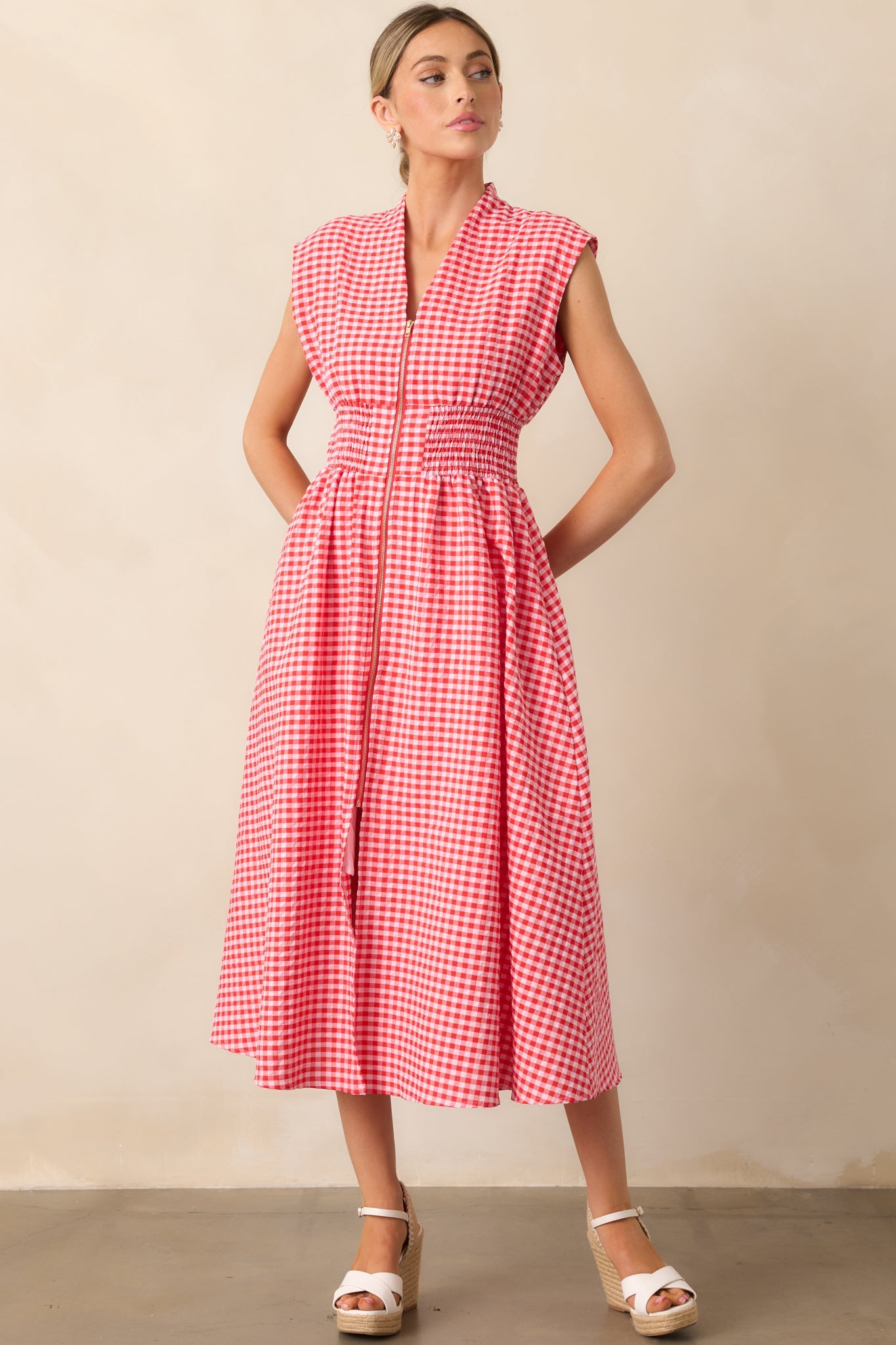 The Evette Red Gingham Zip Front Midi Dress