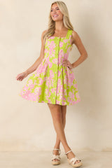 Here She Comes Chartreuse & Pink Cotton Floral Eyelet Mini Dress
