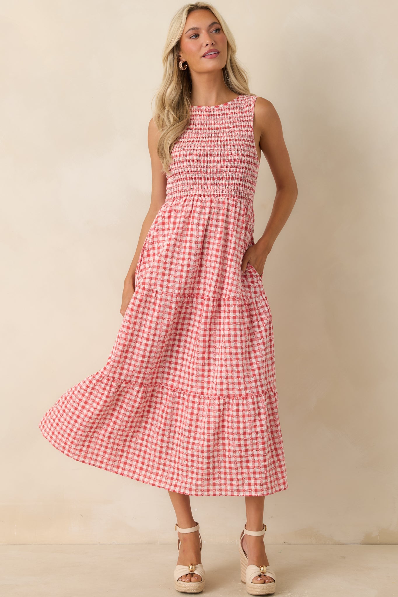 Picnic Promises Red Gingham Eyelet Cotton Midi Dress