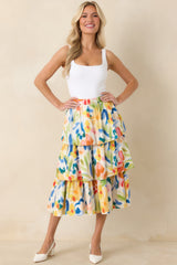 Prosperina Chantilly Multi Cotton Abstract Floral Print Tiered Midi Skirt
