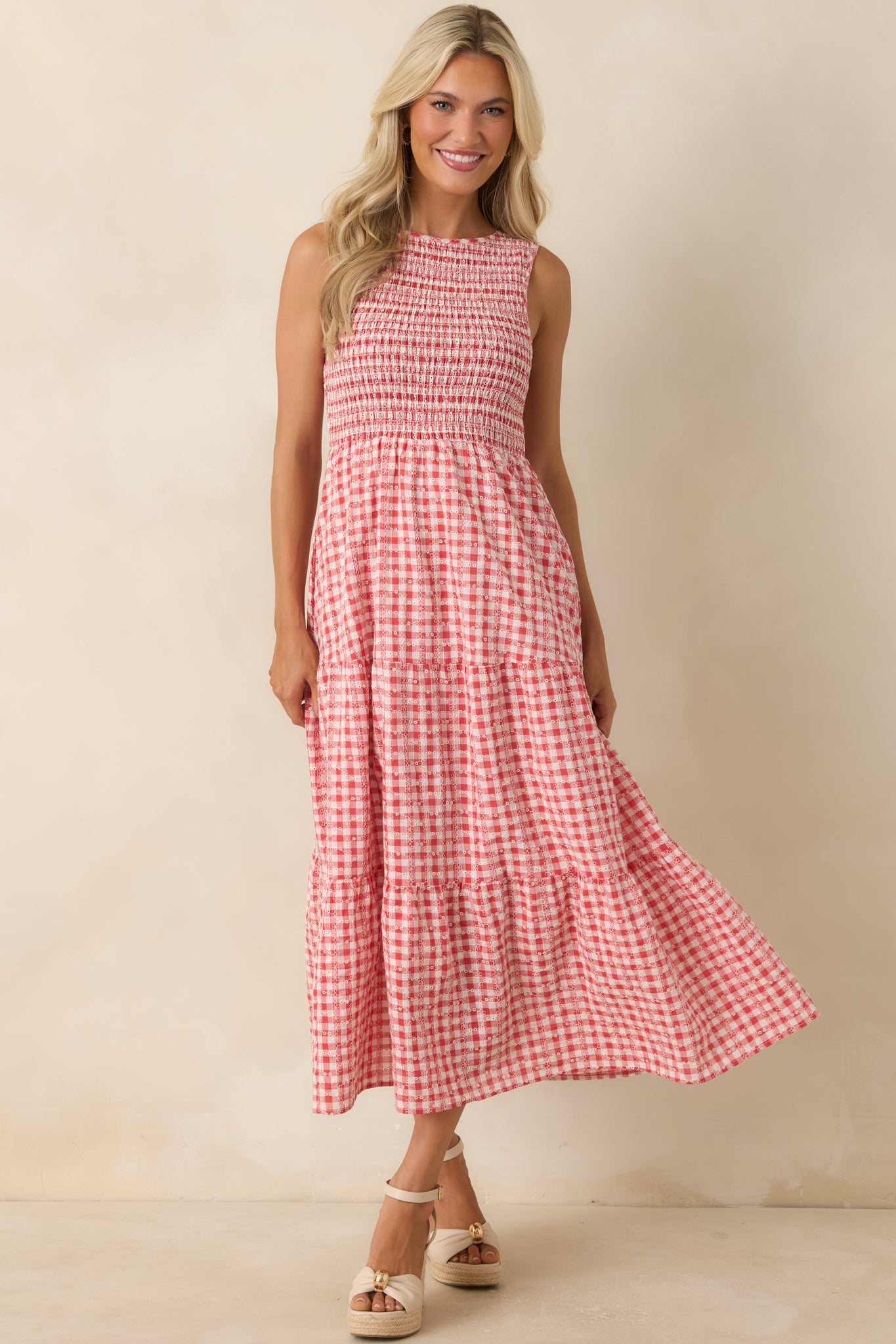 Picnic Promises Red Gingham Eyelet Cotton Midi Dress