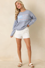 Stitched in Freedom Dusty Blue Floral Patchwork Flag Knit Sweater