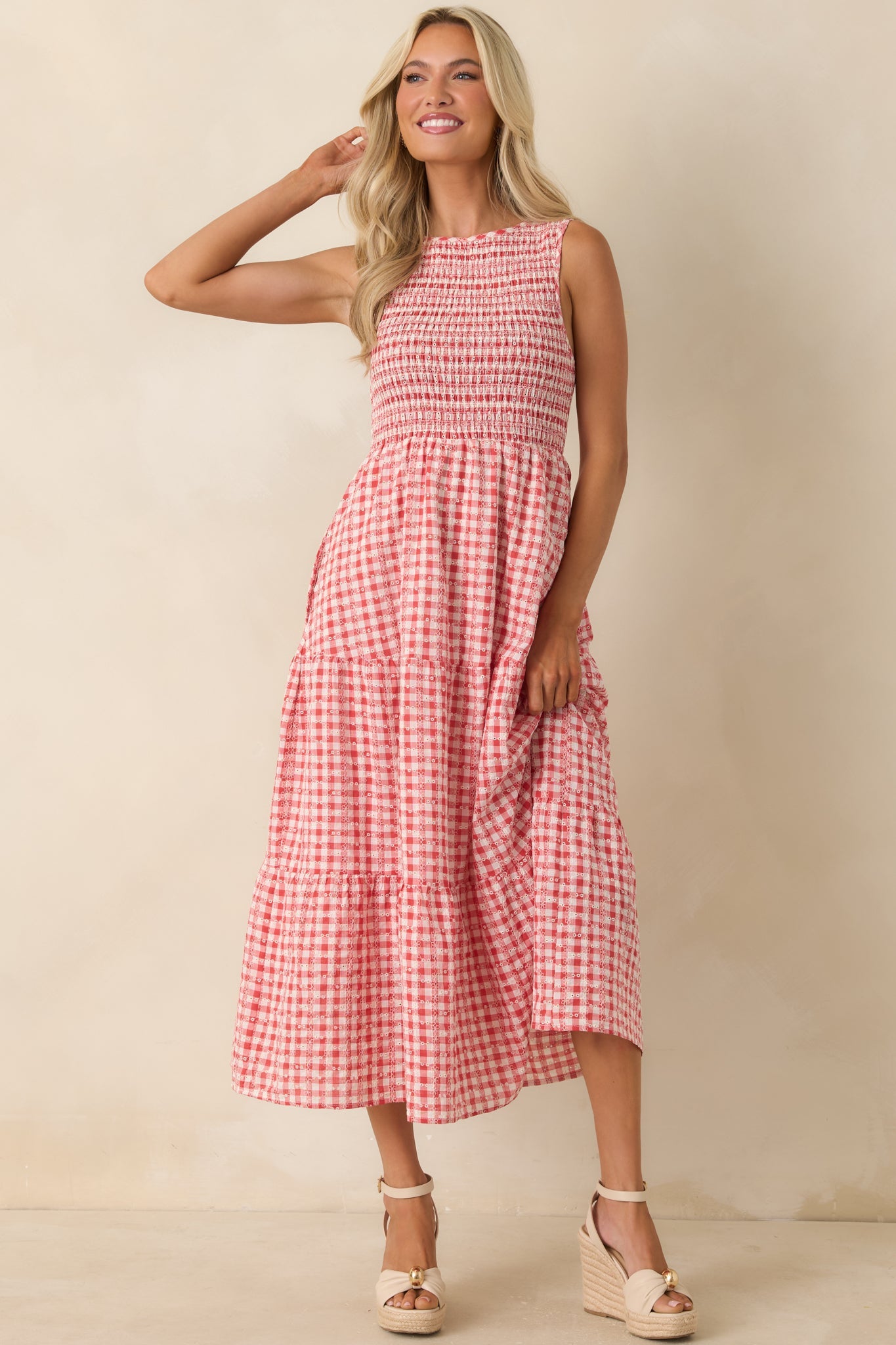 Picnic Promises Red Gingham Eyelet Cotton Midi Dress