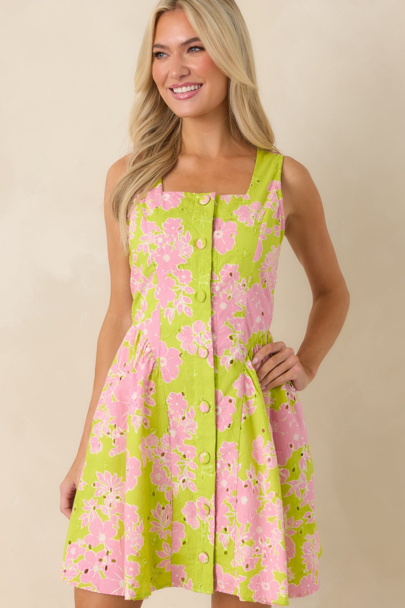 Here She Comes Chartreuse & Pink Cotton Floral Eyelet Mini Dress