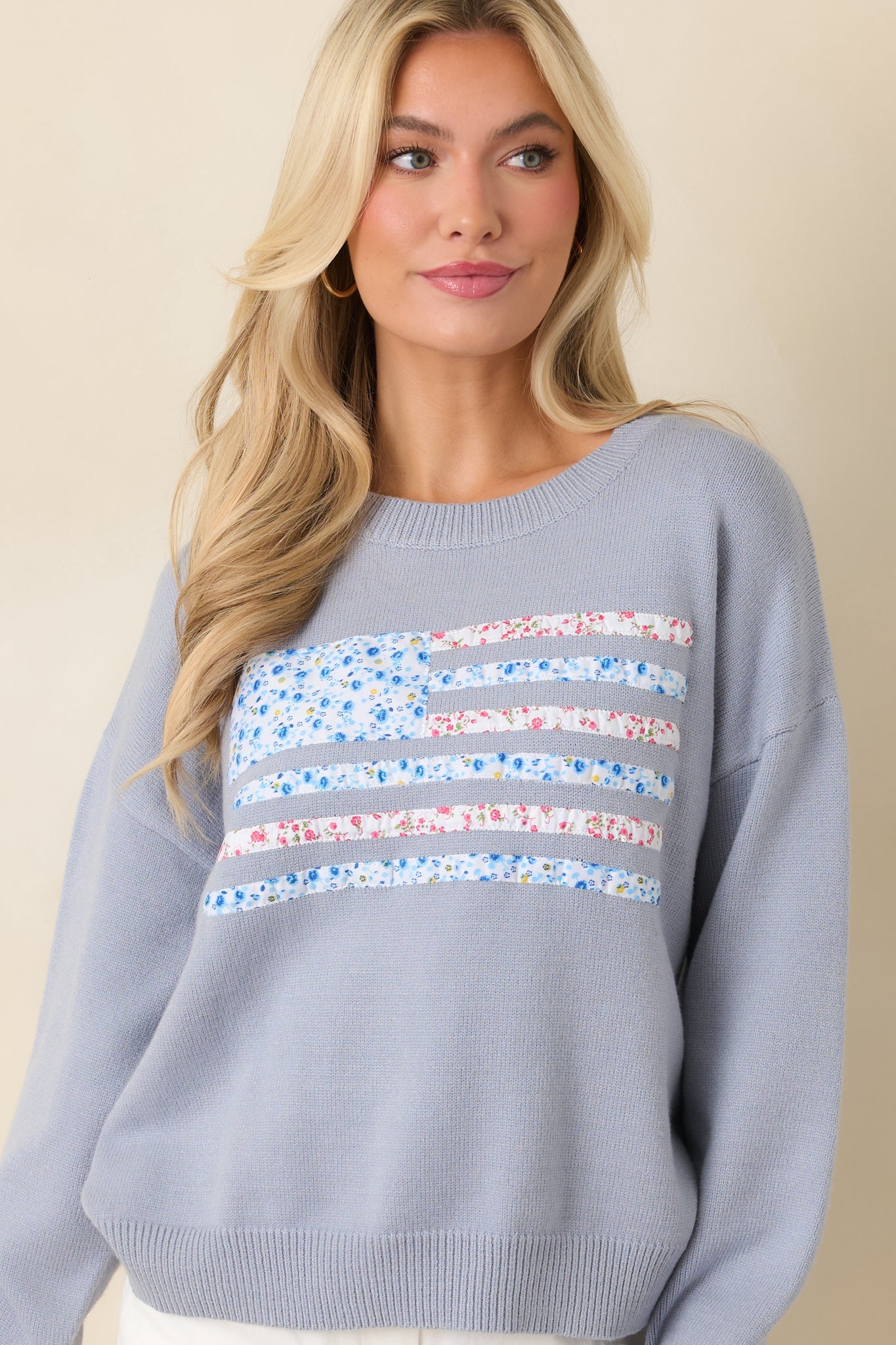 Stitched in Freedom Dusty Blue Floral Patchwork Flag Knit Sweater