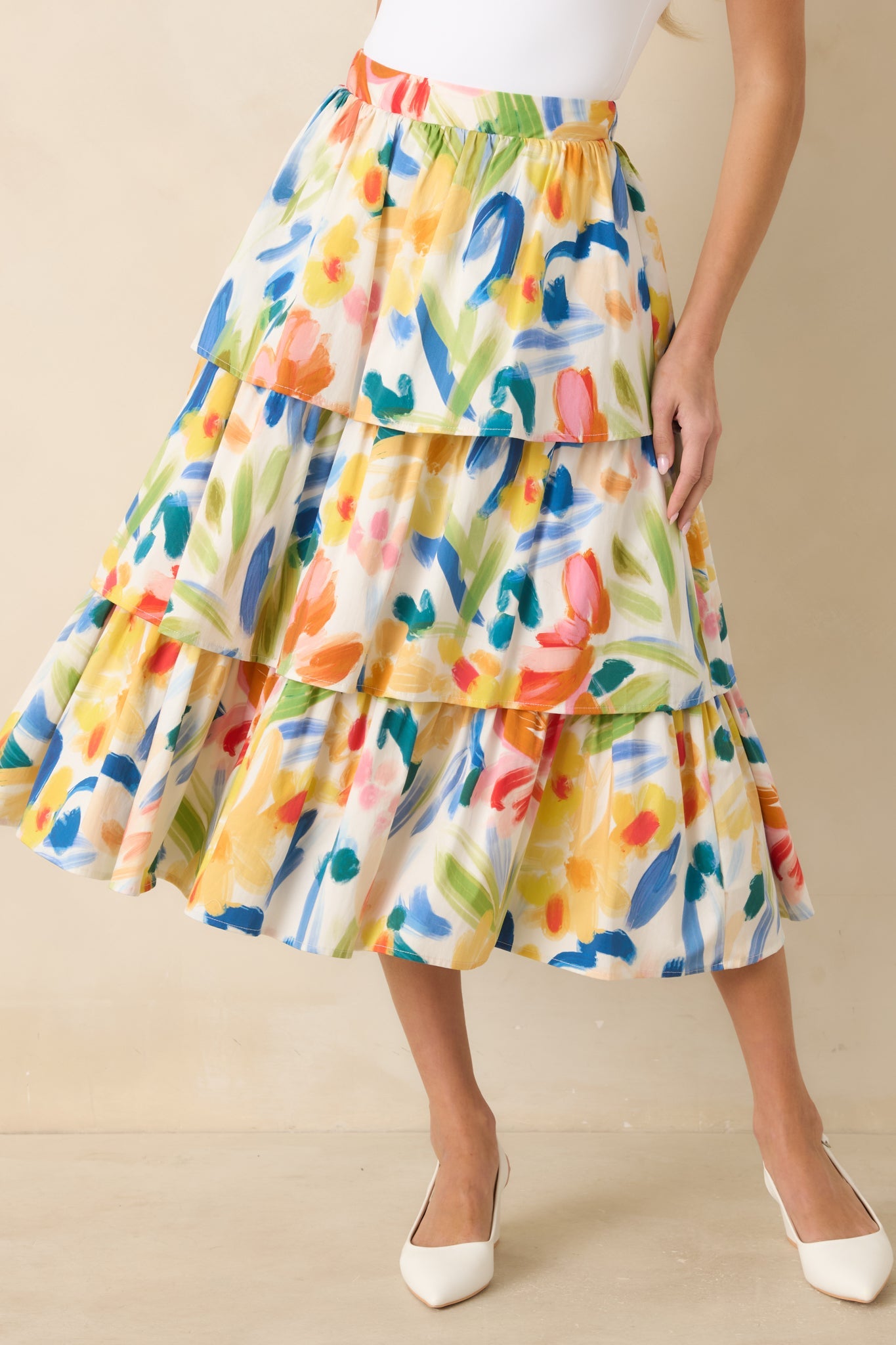 Prosperina Chantilly Multi Cotton Abstract Floral Print Tiered Midi Skirt