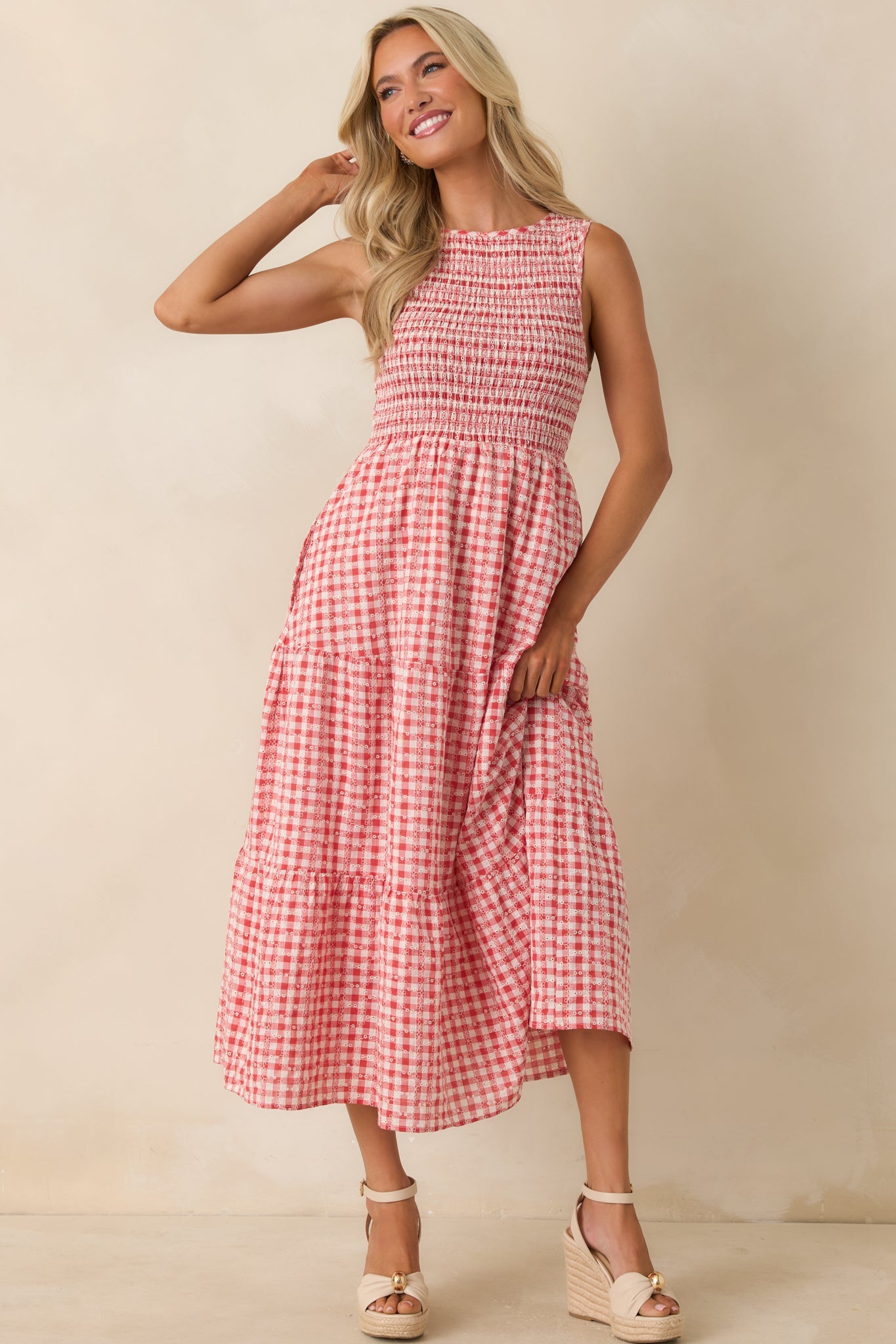 Picnic Promises Red Gingham Eyelet Cotton Midi Dress