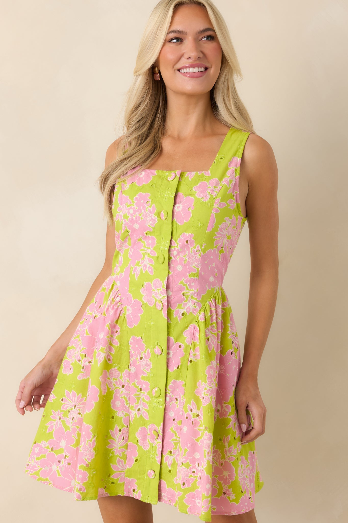 Here She Comes Chartreuse & Pink Cotton Floral Eyelet Mini Dress