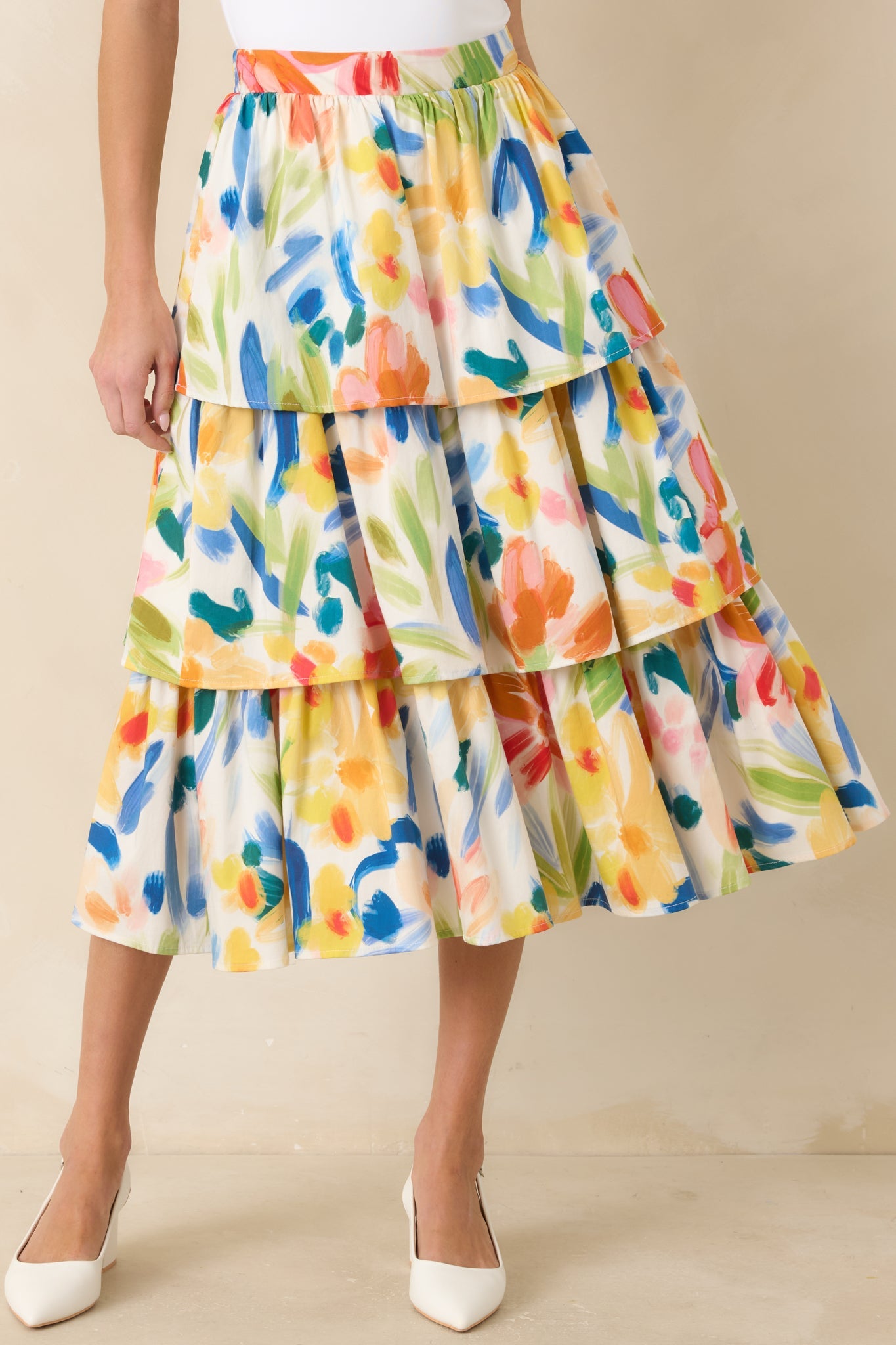 Prosperina Chantilly Multi Cotton Abstract Floral Print Tiered Midi Skirt