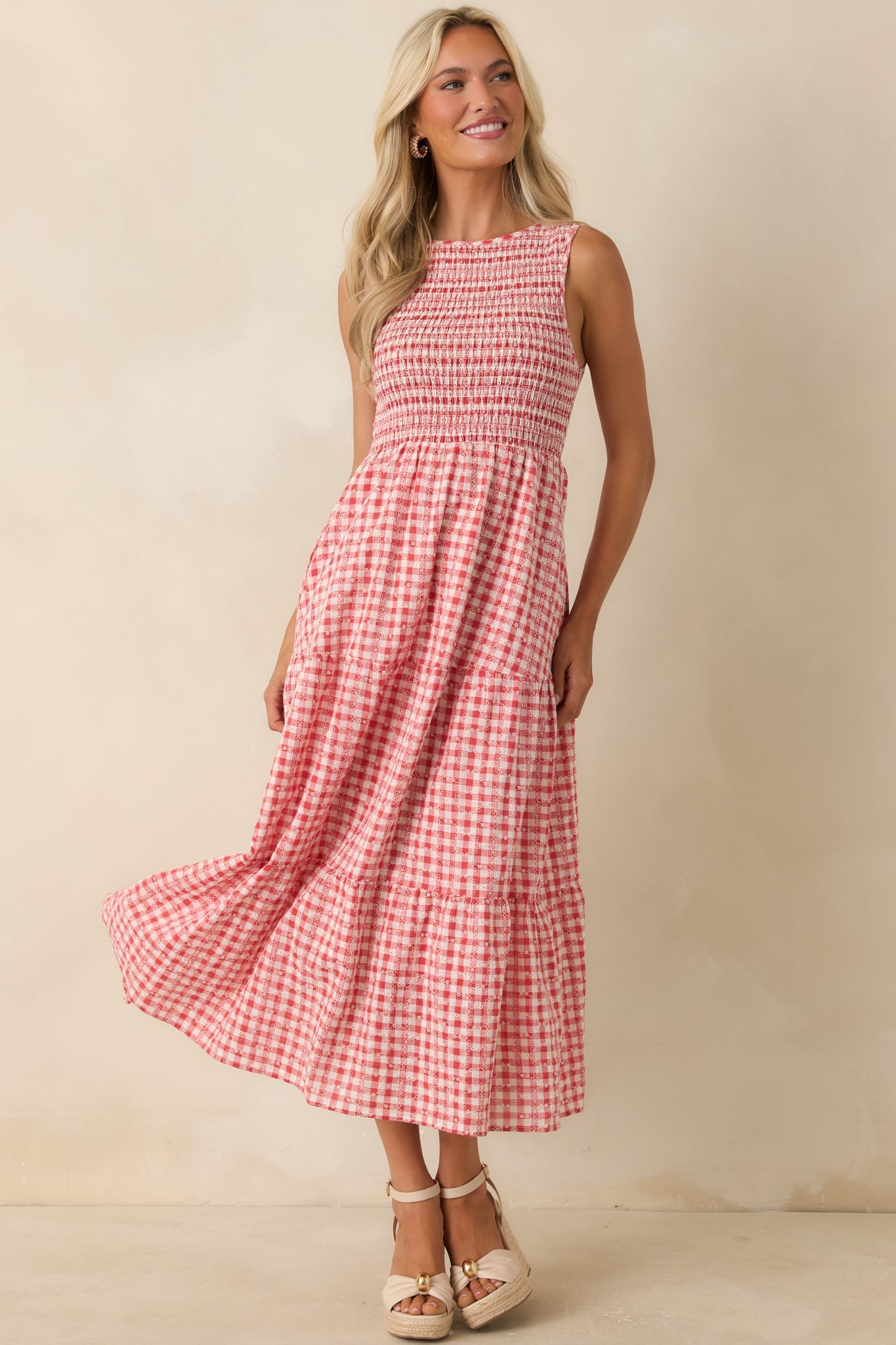 Picnic Promises Red Gingham Eyelet Cotton Midi Dress