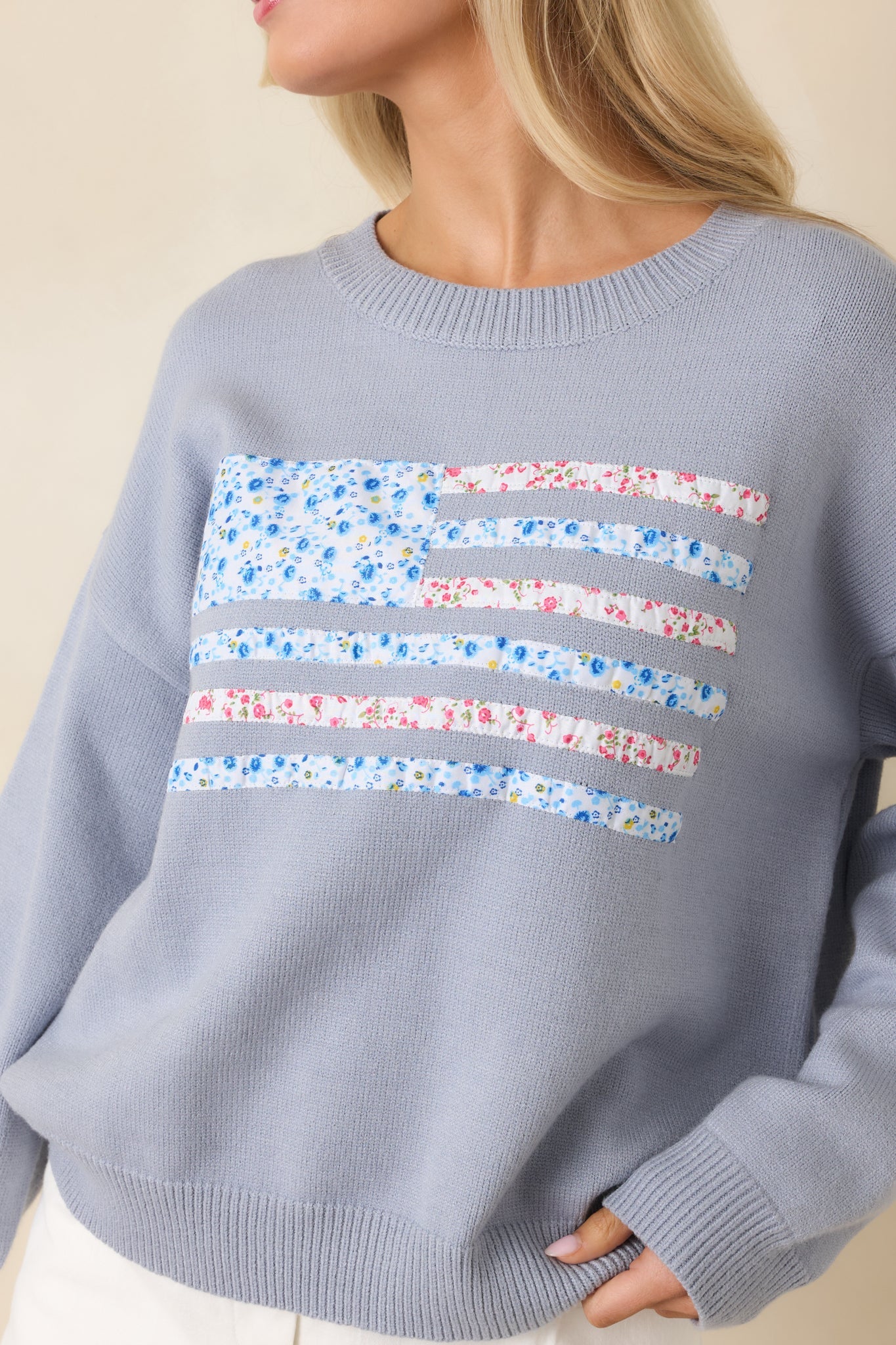 Stitched in Freedom Dusty Blue Floral Patchwork Flag Knit Sweater