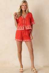 Z Supply Cast of Waves Poppy Red Cotton Embroidered Cropped Top