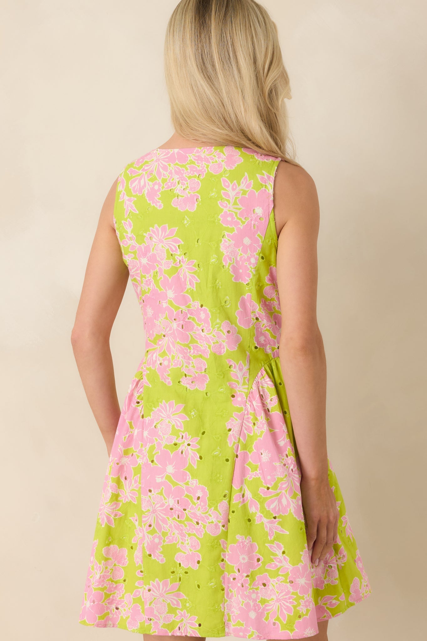 Here She Comes Chartreuse & Pink Cotton Floral Eyelet Mini Dress
