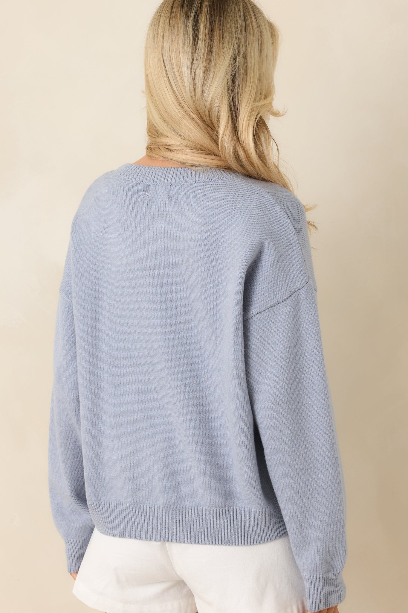 Stitched in Freedom Dusty Blue Floral Patchwork Flag Knit Sweater