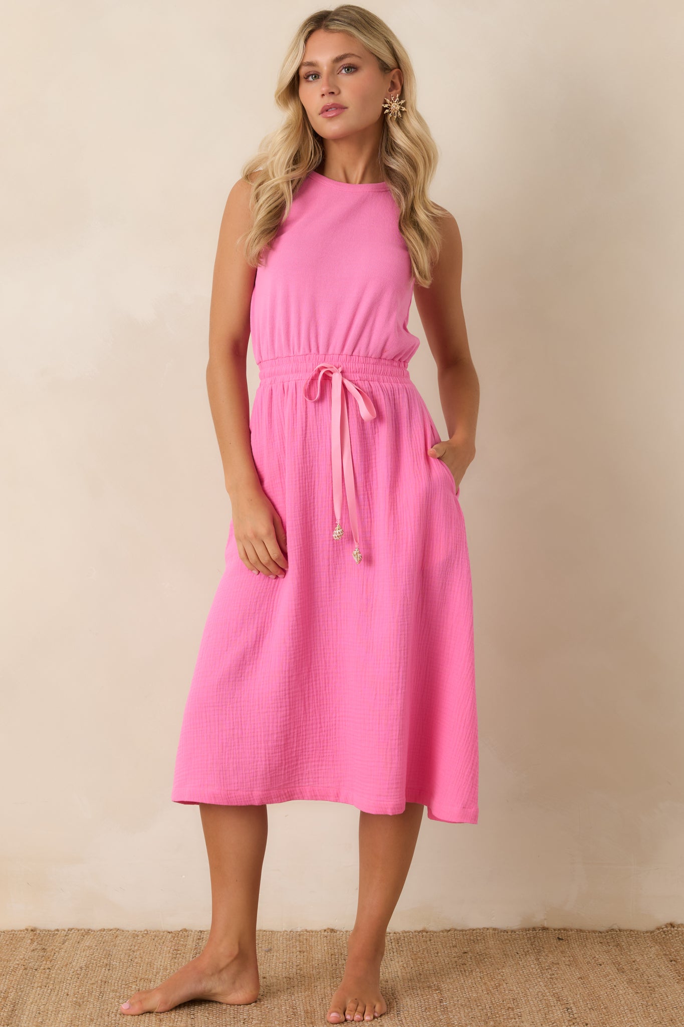 Paradisa Bonita Pink Cotton Sleeveless Midi Dress