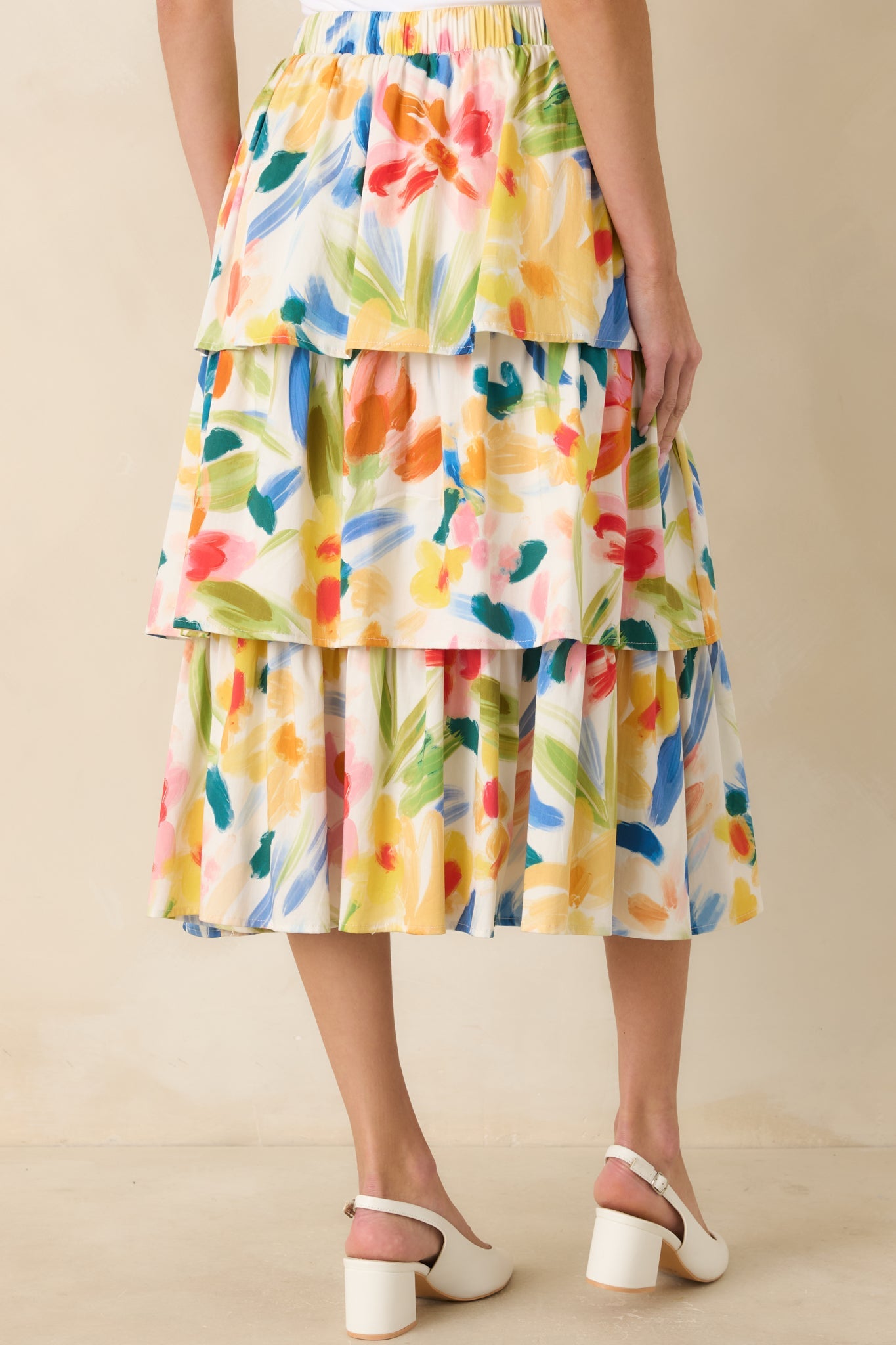 Prosperina Chantilly Multi Cotton Abstract Floral Print Tiered Midi Skirt
