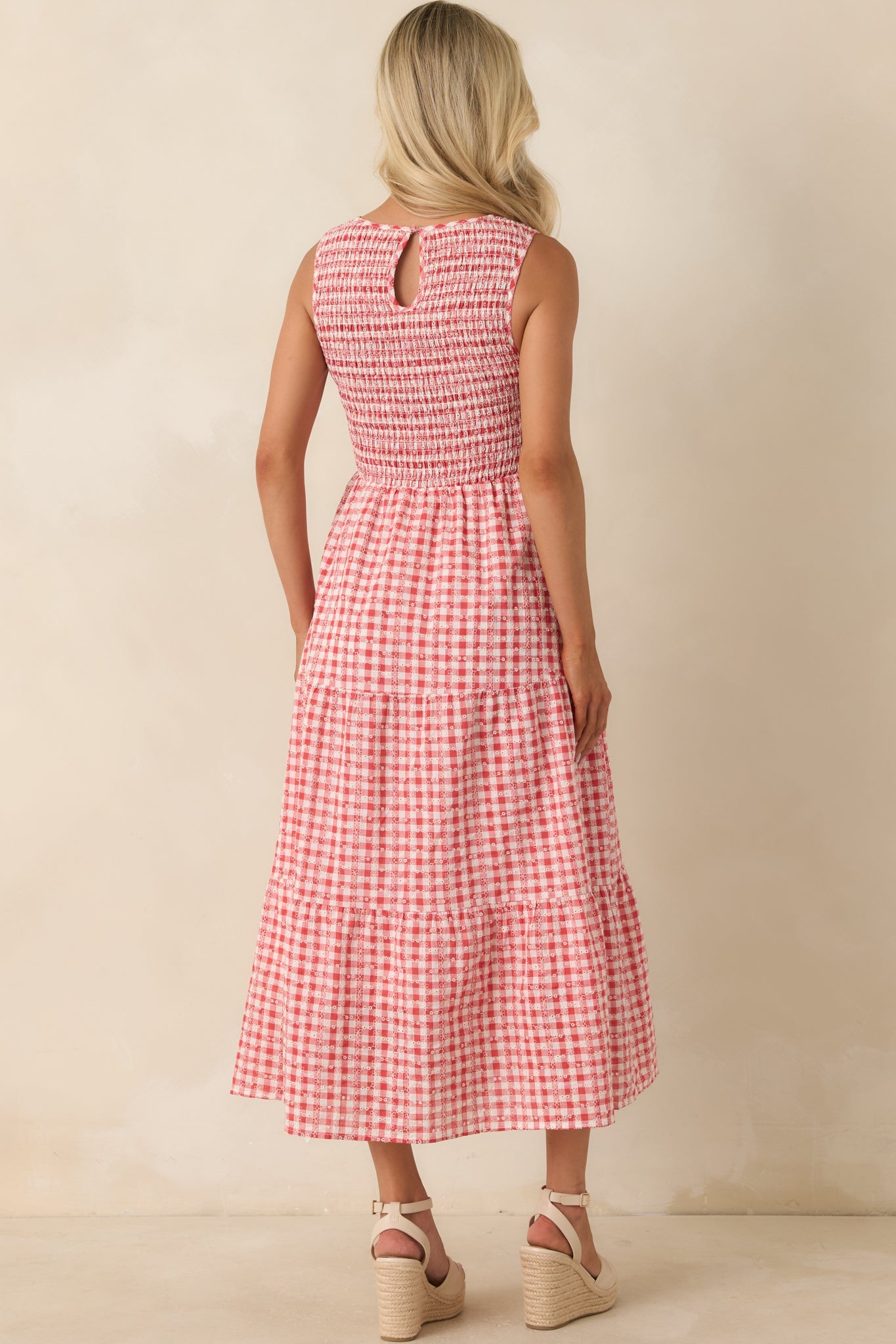 Picnic Promises Red Gingham Eyelet Cotton Midi Dress