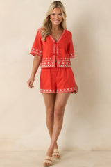 Z Supply Cast of Waves Poppy Red Cotton Embroidered Cropped Top