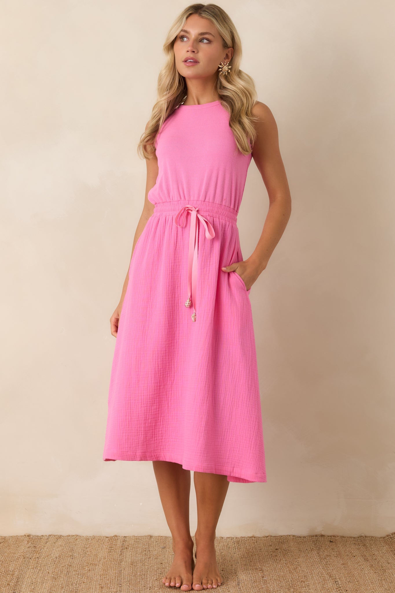 Paradisa Bonita Pink Cotton Sleeveless Midi Dress