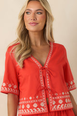 Z Supply Cast of Waves Poppy Red Cotton Embroidered Cropped Top