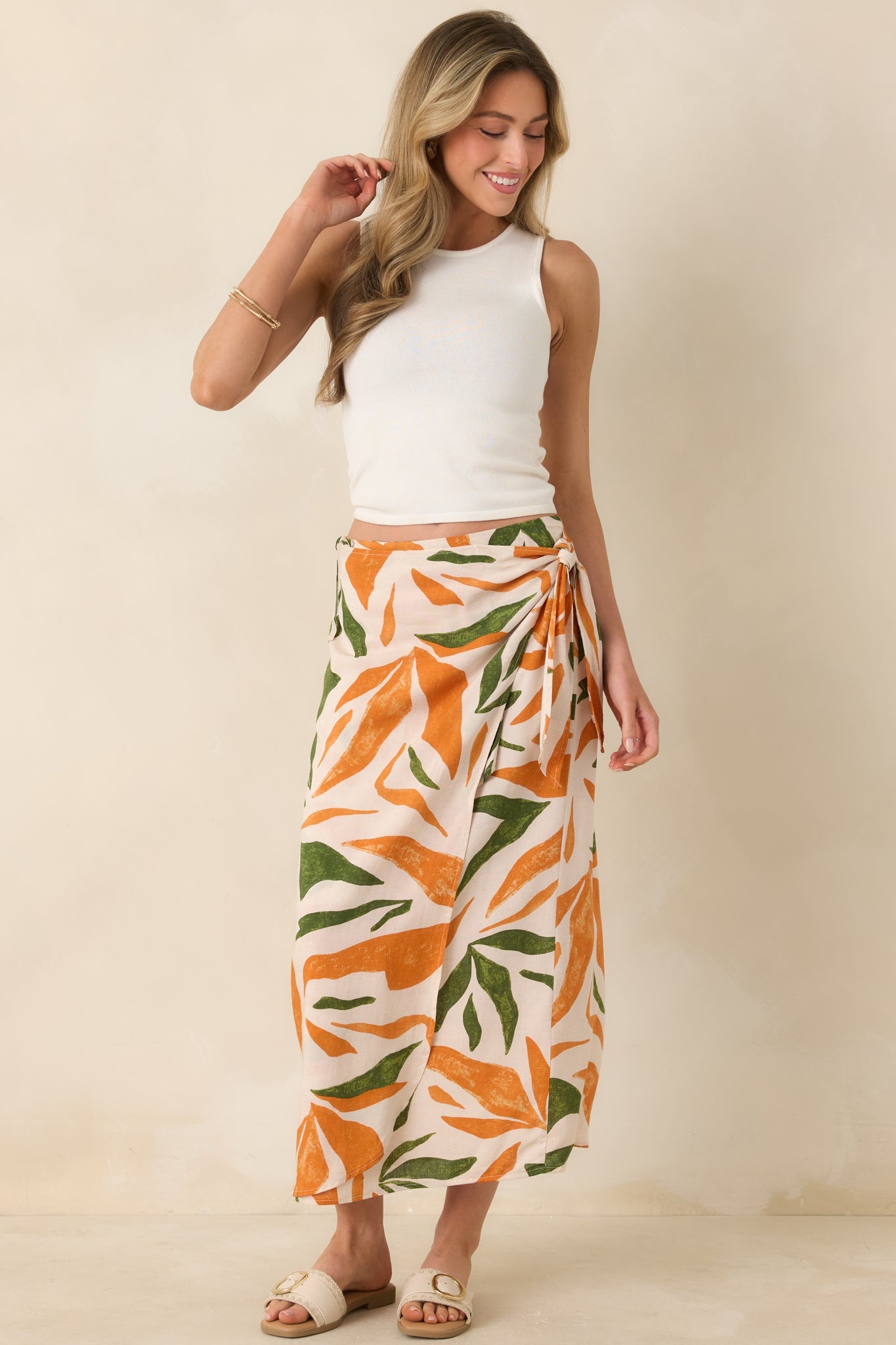 Cabana Chic Beige Tropical Print Midi Wrap Skirt