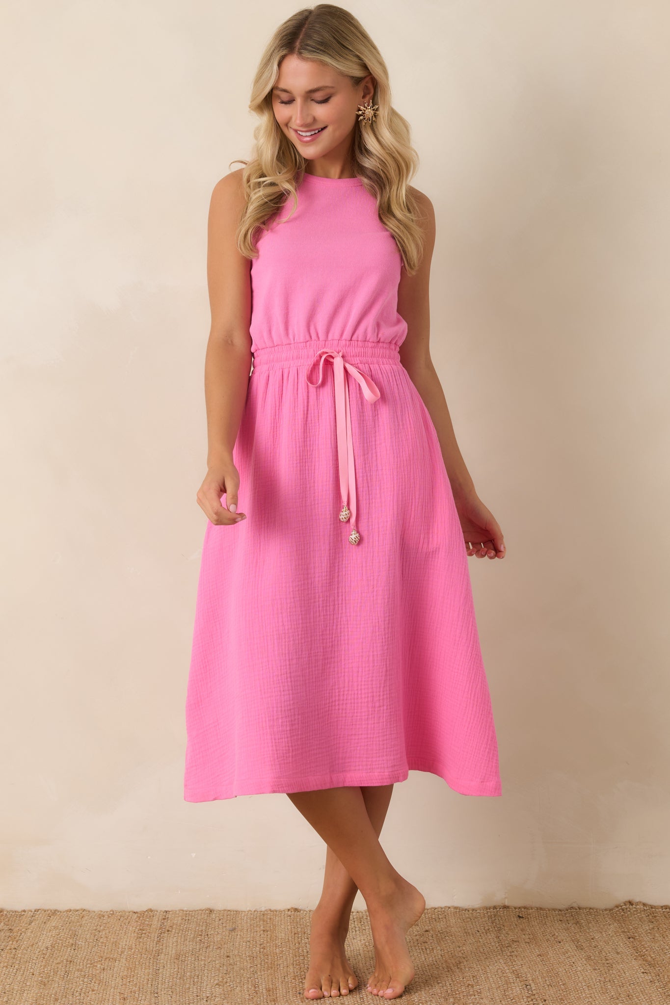 Paradisa Bonita Pink Cotton Sleeveless Midi Dress