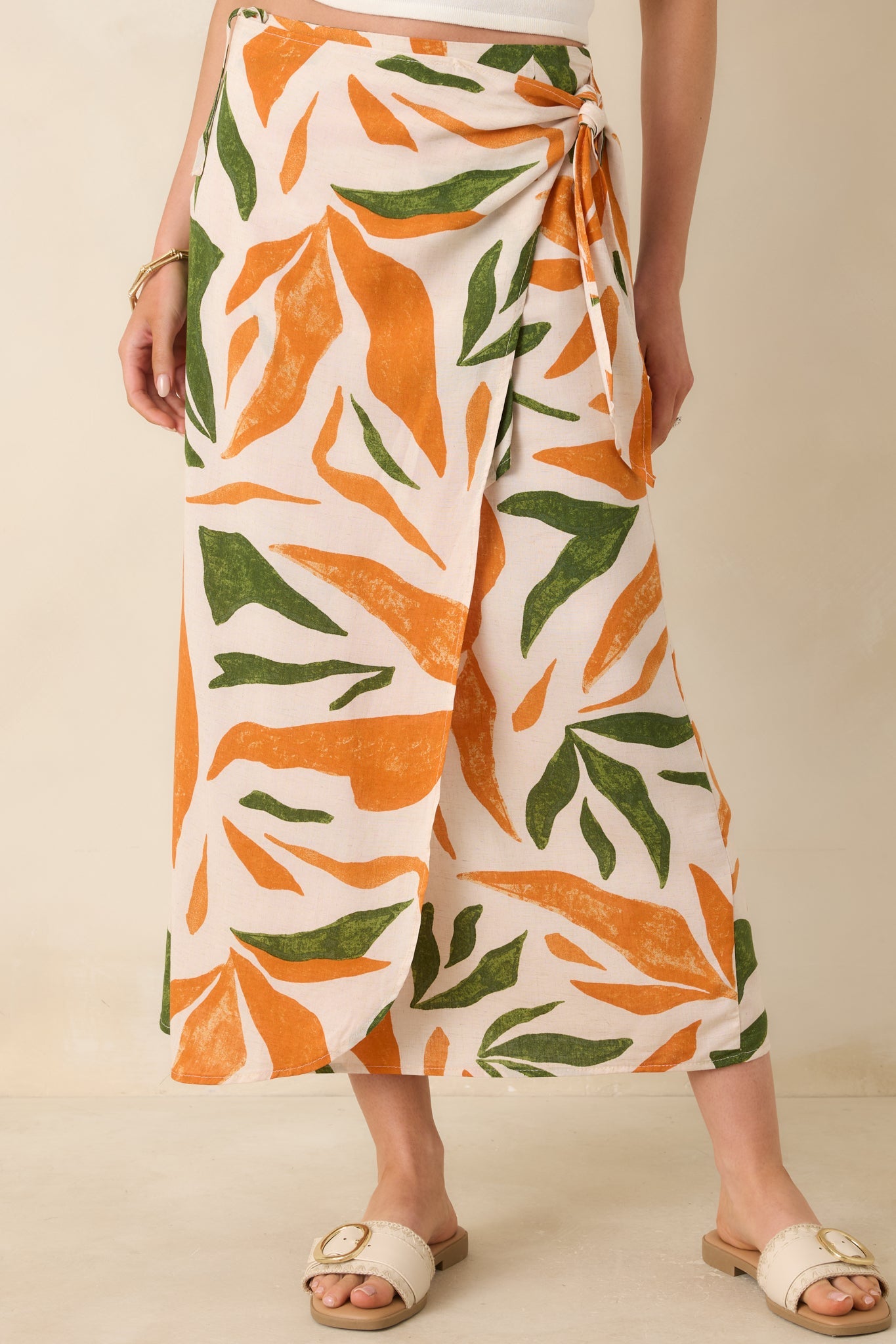 Cabana Chic Beige Tropical Print Midi Wrap Skirt