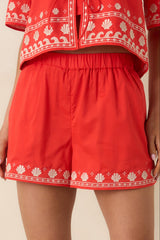 Z Supply Cast Of Waves Poppy Red Embroidered Cotton Shorts