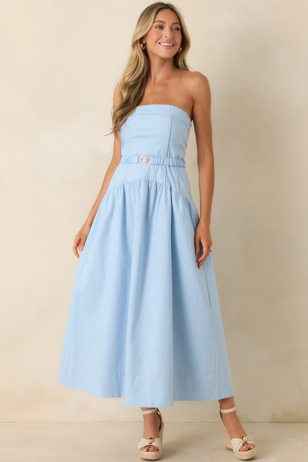 MINKPINK Ines Baby Blue Drop Waist Belt Detail Midi Dress