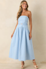 MINKPINK Ines Baby Blue Drop Waist Belt Detail Midi Dress