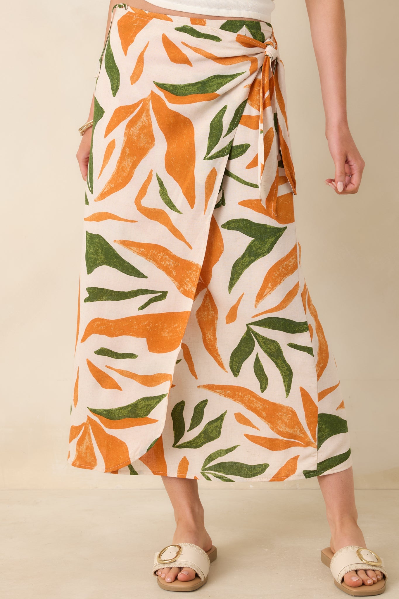 Cabana Chic Beige Tropical Print Midi Wrap Skirt