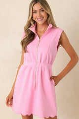 Zip Through the Day Pink Zip Front Scalloped Hem Mini Dress