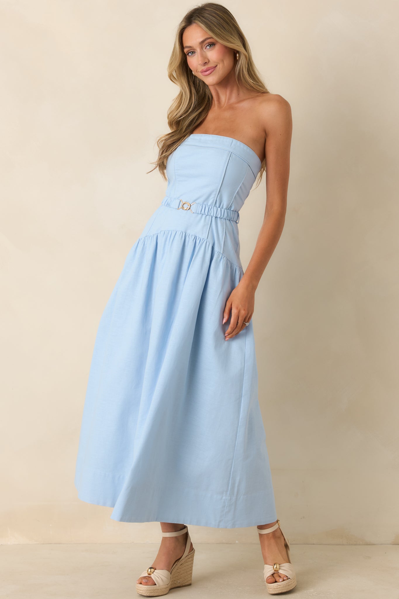 MINKPINK Ines Baby Blue Drop Waist Belt Detail Midi Dress