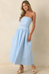 MINKPINK Ines Baby Blue Drop Waist Belt Detail Midi Dress
