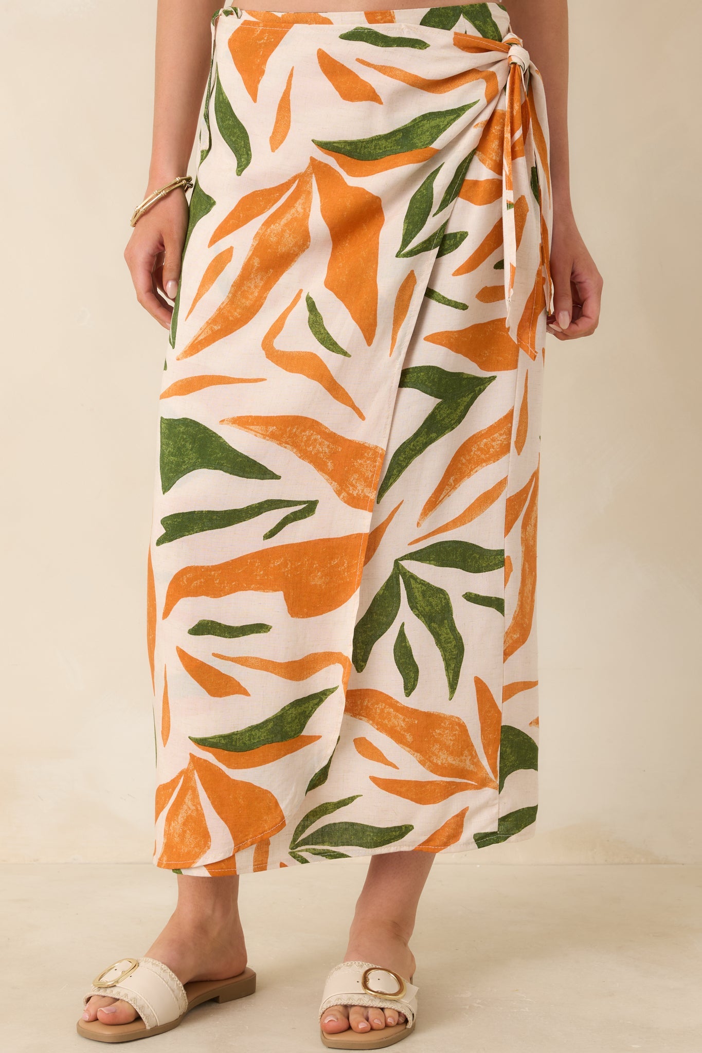 Cabana Chic Beige Tropical Print Midi Wrap Skirt