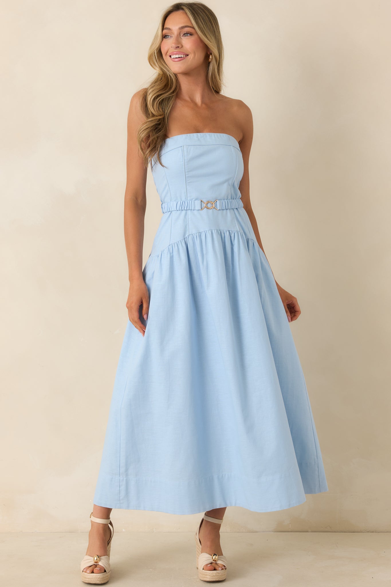 MINKPINK Ines Baby Blue Drop Waist Belt Detail Midi Dress